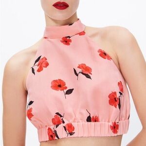 Zara Pink Halter Floral Crop Top Linen Blend